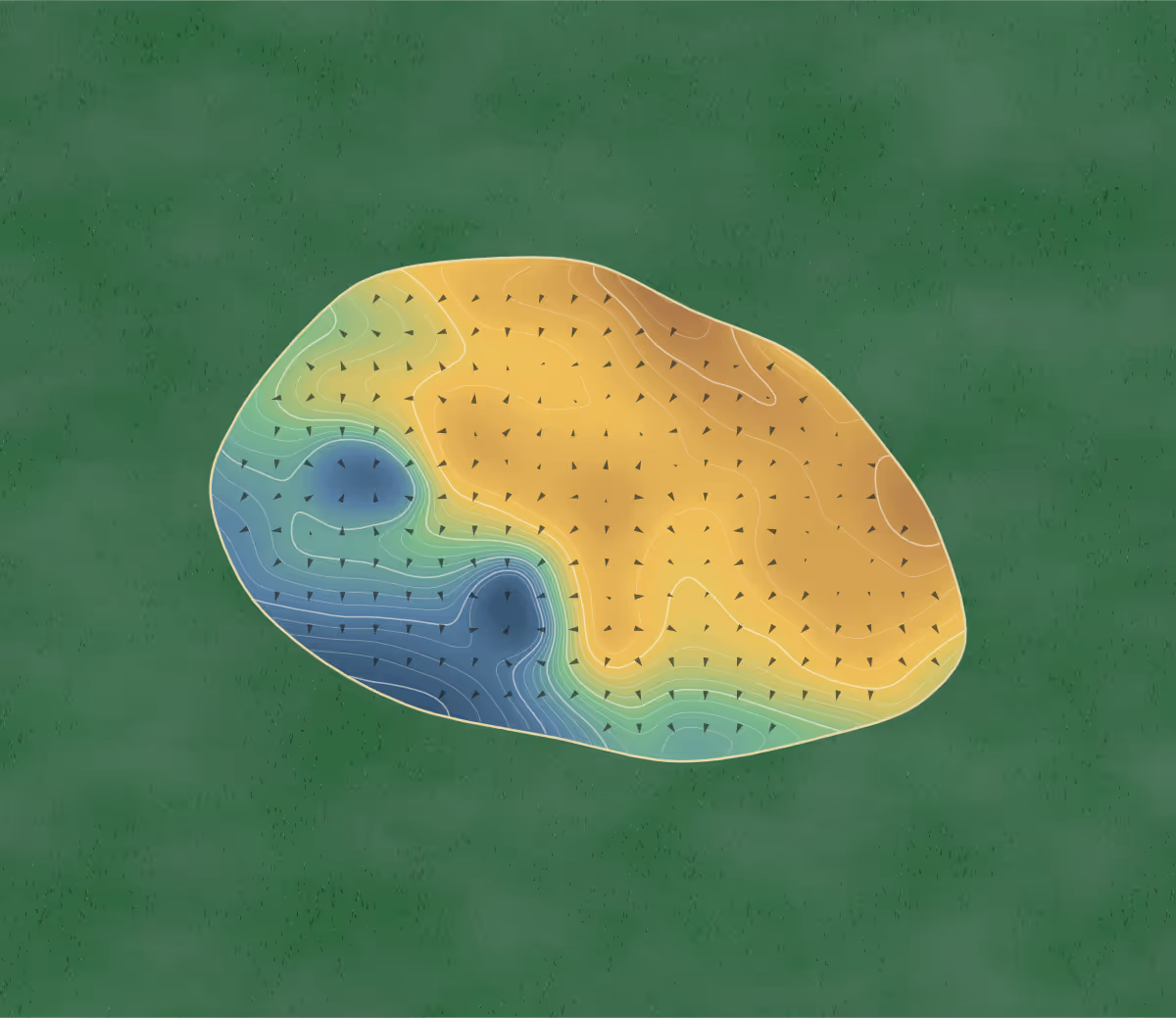 Green contour map of Barassie in Troon, Scotland — 121 elevation contours at a 8-centimeter interval with fall-line arrows, traced from 1-meter lidar