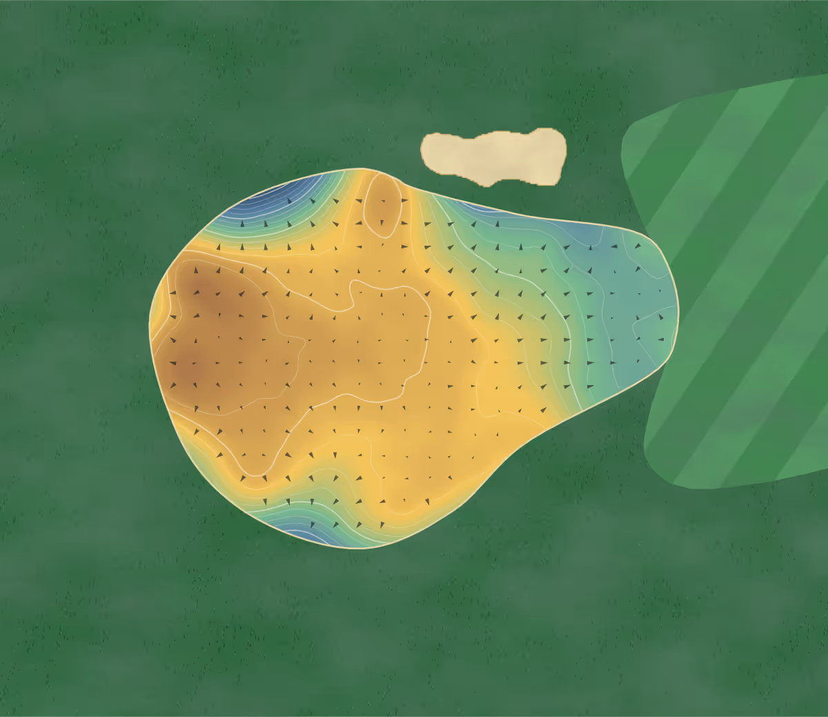 Green contour map of Kilspindie in Aberlady, Scotland — 182 elevation contours at a 8-centimeter interval with fall-line arrows, traced from 1-meter lidar
