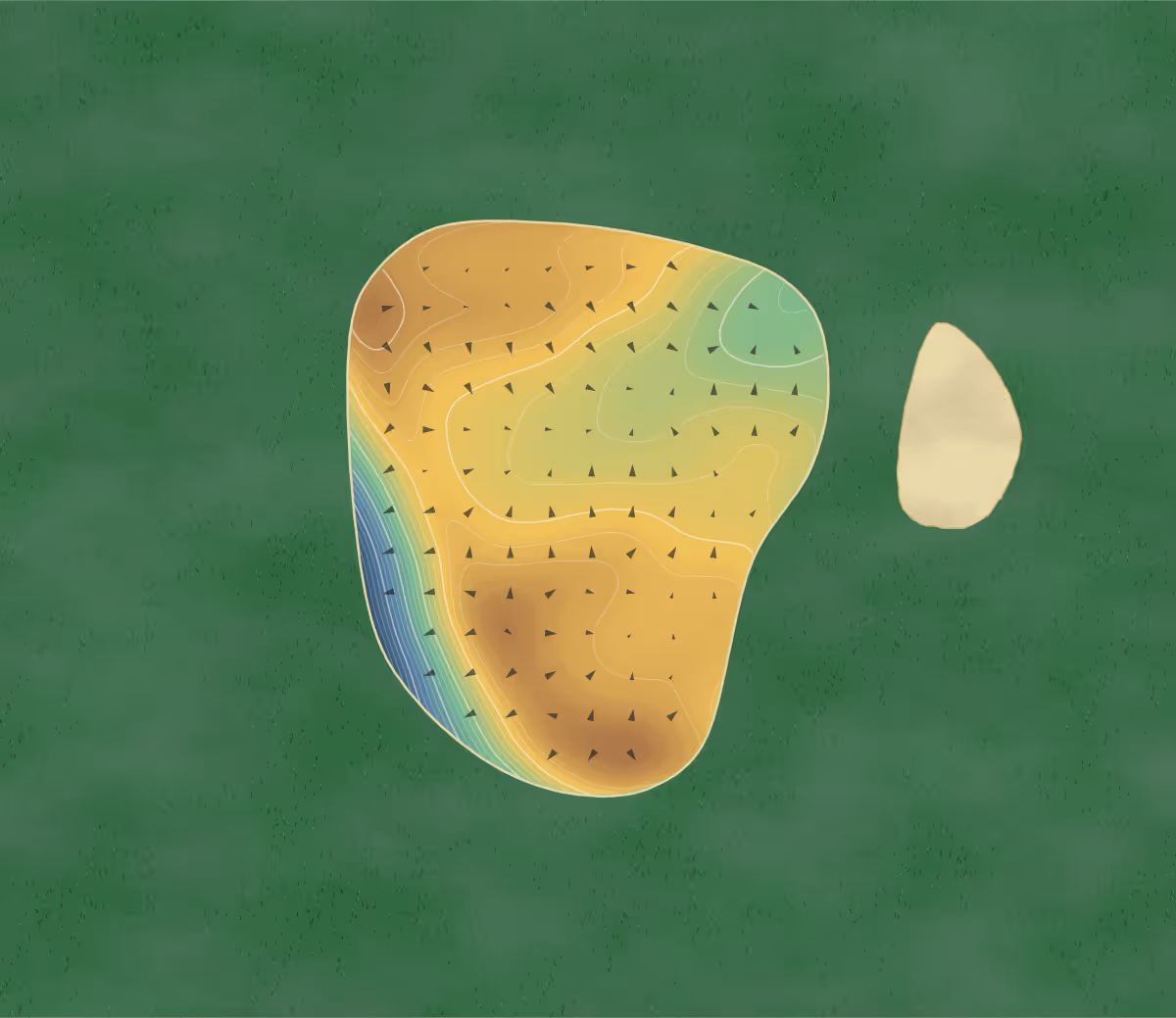 Green contour map of Kimberley in Kimberlye, Canada: 300 elevation contours at a 8-centimeter interval with fall-line arrows, traced from 1-meter lidar