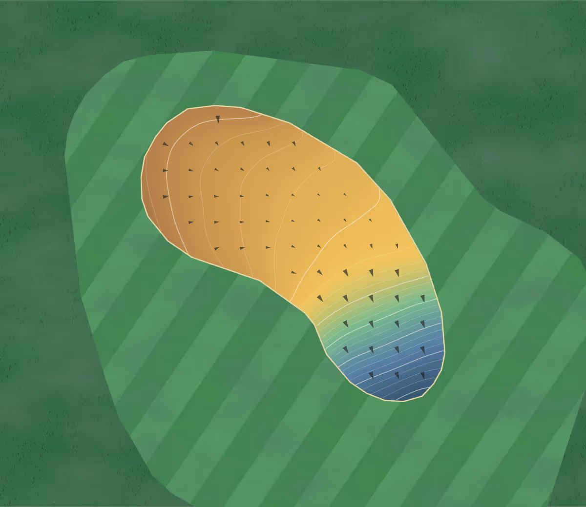 Green contour map of Kinderlou Forest in Valdosta, Georgia: 198 elevation contours at a 3-inch interval with fall-line arrows, traced from 1-meter lidar