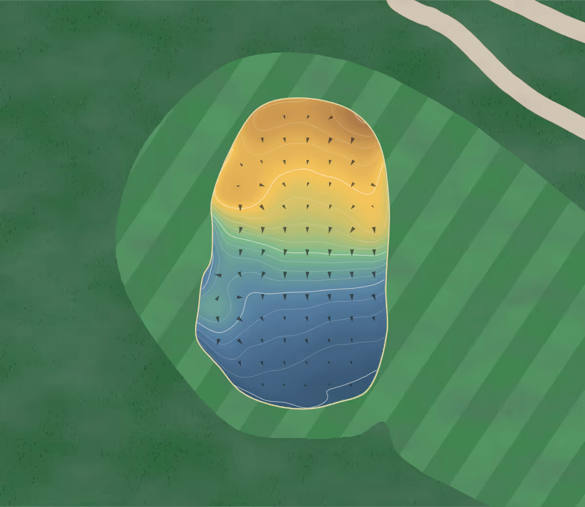 Green contour map of King's Grant in Fayetteville, North Carolina — 188 elevation contours at a 3-inch interval with fall-line arrows, traced from 1-meter lidar
