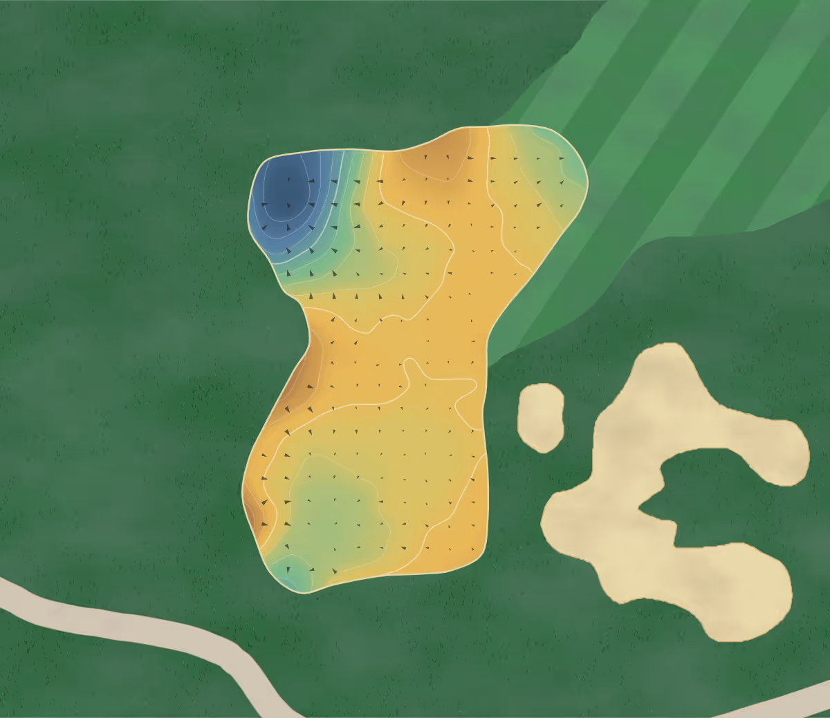 Green contour map of King's Walk in Grafton, North Dakota — 138 elevation contours at a 3-inch interval with fall-line arrows, traced from 1-meter lidar