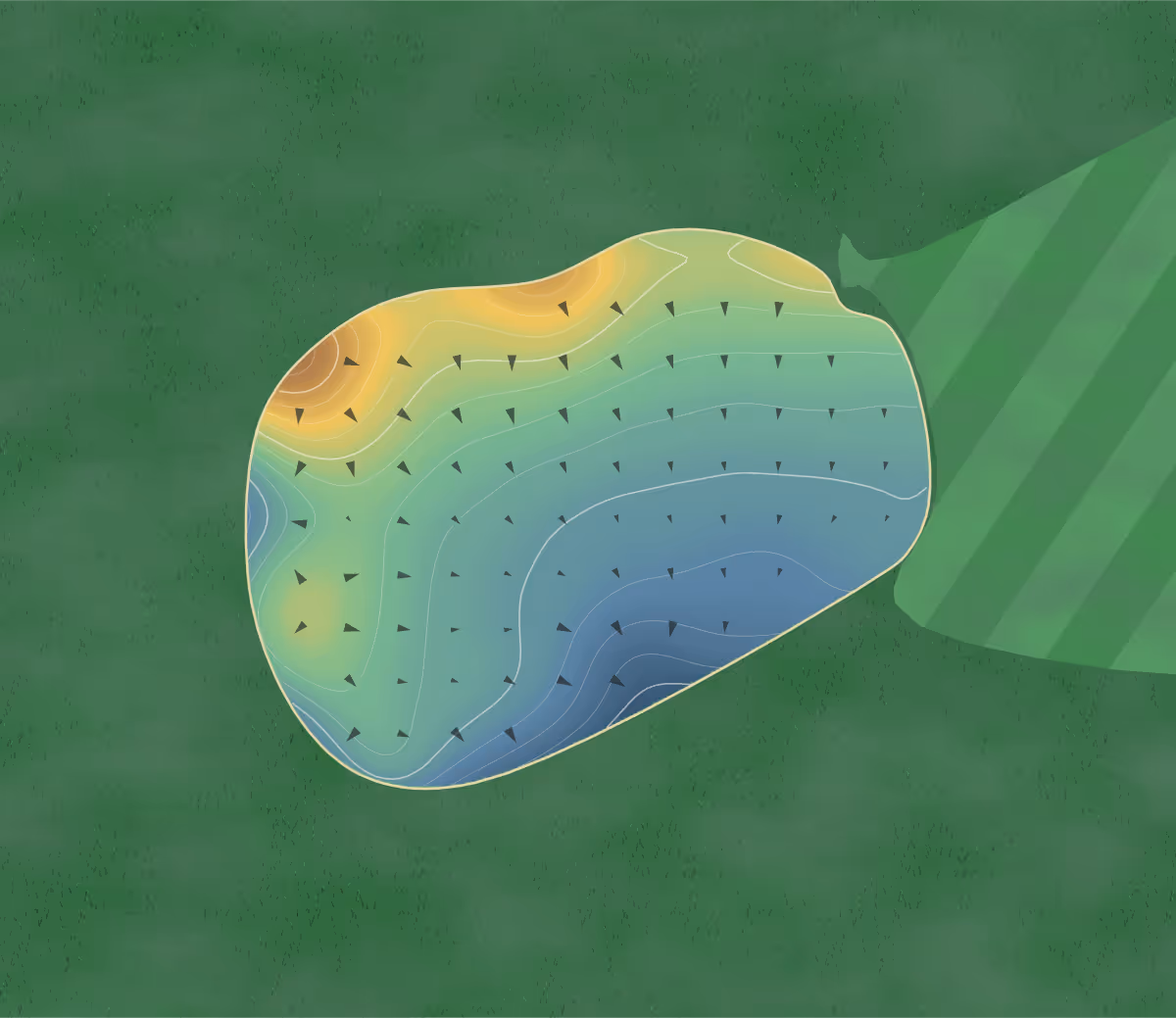 Green contour map of Kingfisher G. C. in Kingfisher, Oklahoma — 163 elevation contours at a 3-inch interval with fall-line arrows, traced from 1-meter lidar
