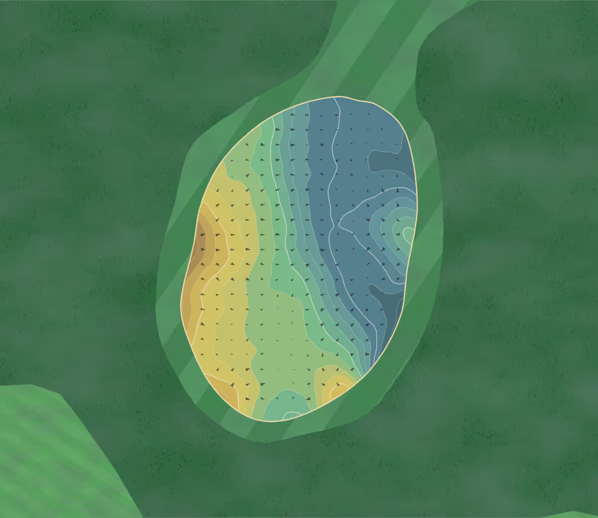 Green contour map of Kings Acre in Lasswade, Scotland — 263 elevation contours at a 8-centimeter interval with fall-line arrows, traced from 1-meter lidar