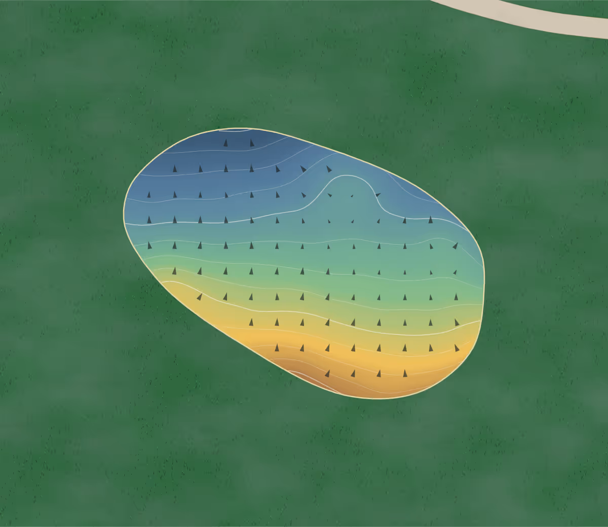 Green contour map of Kings Forest in Hamilton, Canada: 168 elevation contours at a 8-centimeter interval with fall-line arrows, traced from 1-meter lidar
