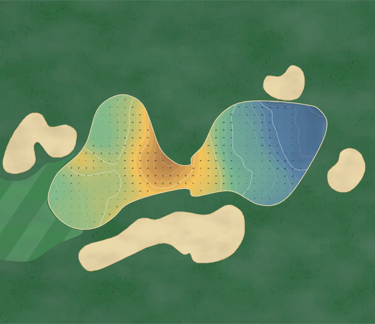 Green contour map of Kings Hill in West Malling, England — 234 elevation contours at a 8-centimeter interval with fall-line arrows, traced from 1-meter lidar