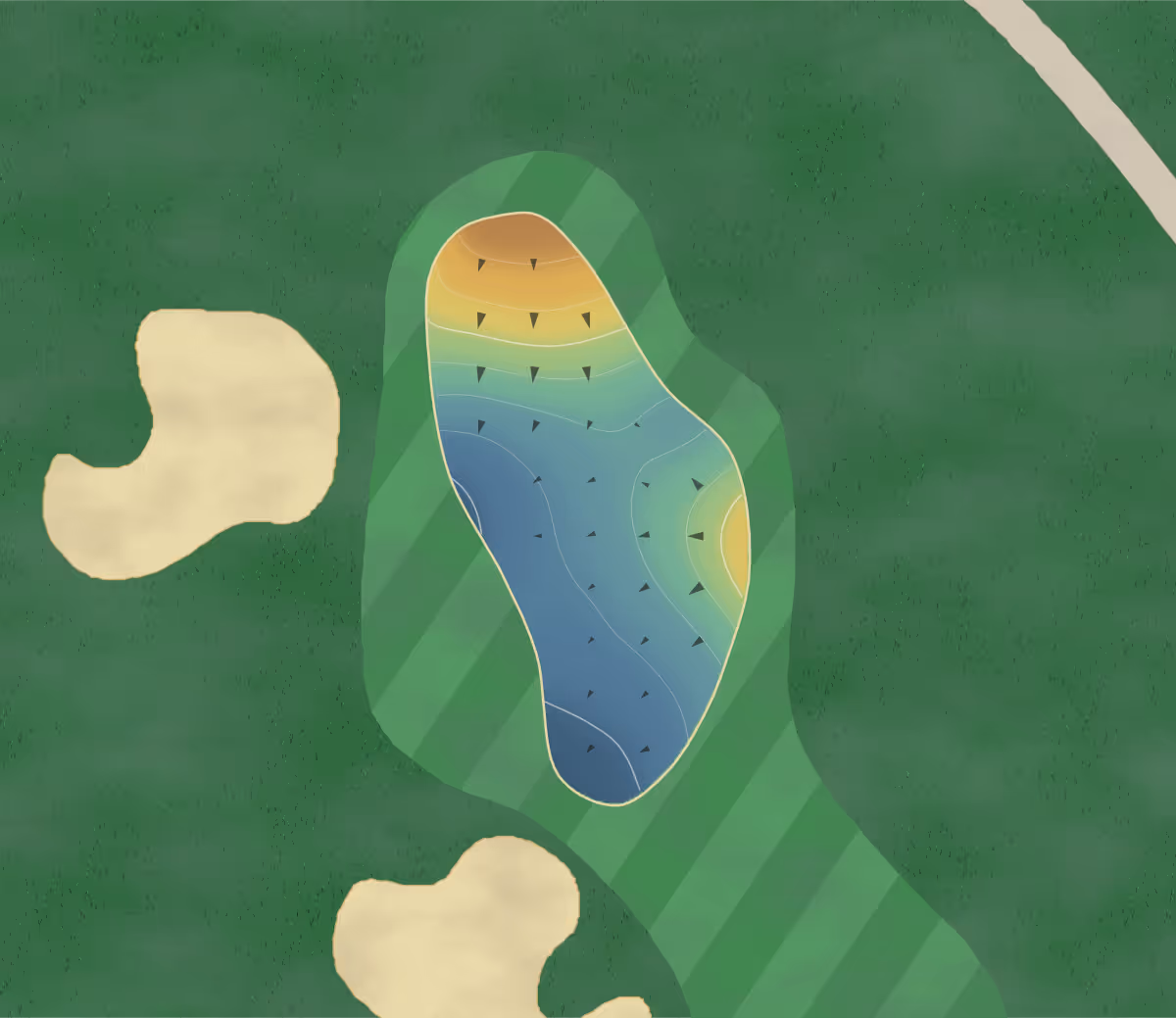 Green contour map of Kings Point Par 3 in Delray Beach, Florida — 50 elevation contours at a 3-inch interval with fall-line arrows, traced from 1-meter lidar