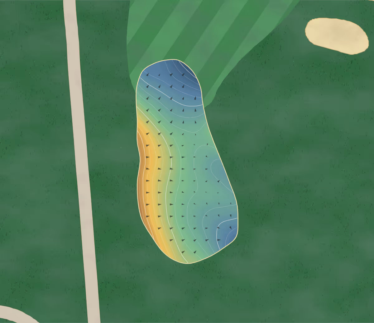 Green contour map of Kings Riding in King City, Canada — 194 elevation contours at a 8-centimeter interval with fall-line arrows, traced from 1-meter lidar