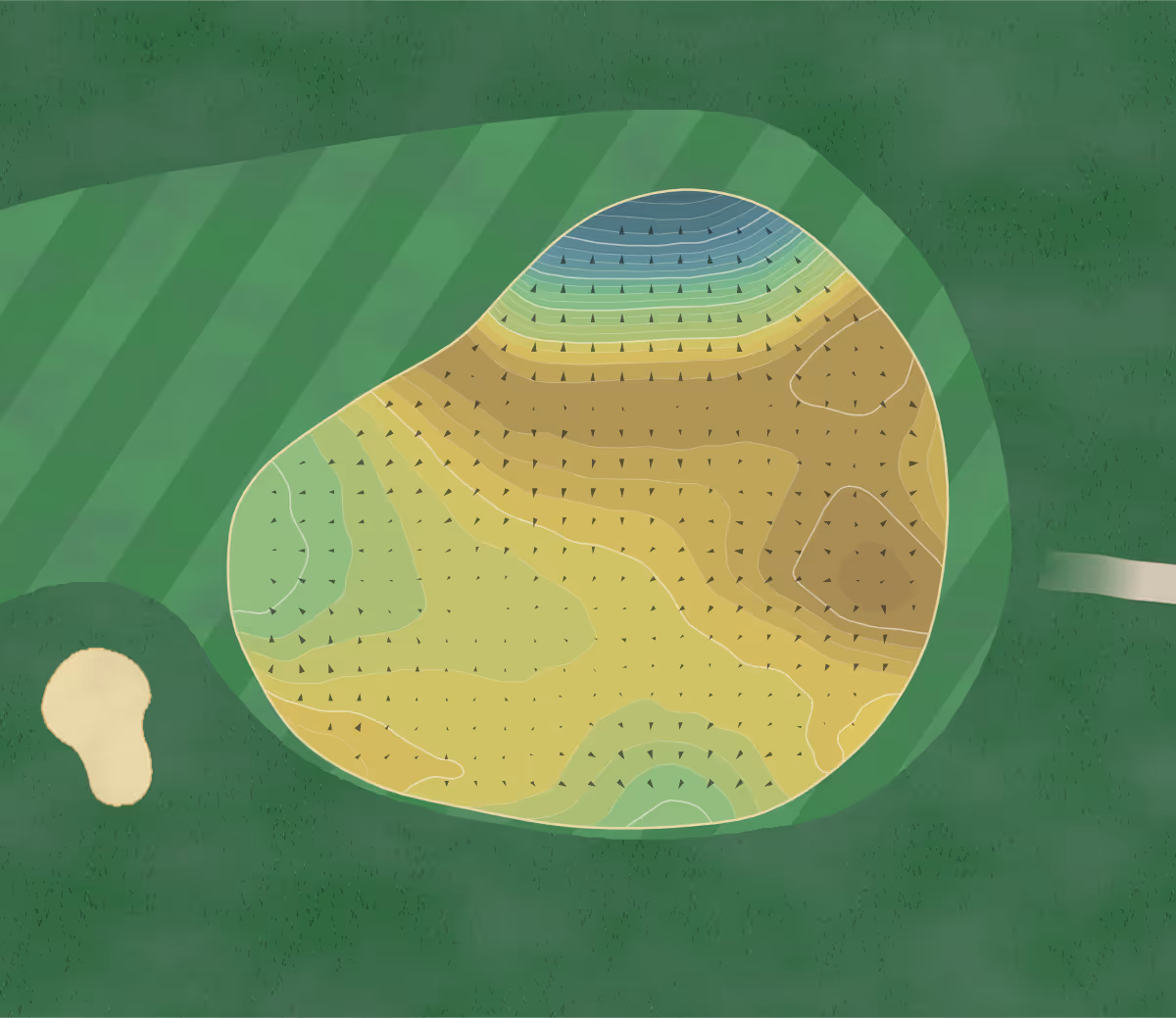 Green contour map of Kingsbarns in Fife, Scotland — 308 elevation contours at a 8-centimeter interval with fall-line arrows, traced from 1-meter lidar