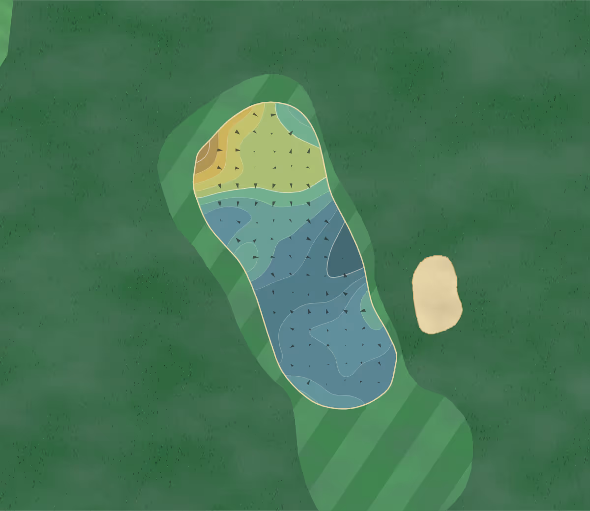 Green contour map of Kingsdown GC in Corsham, England — 202 elevation contours at a 8-centimeter interval with fall-line arrows, traced from 1-meter lidar