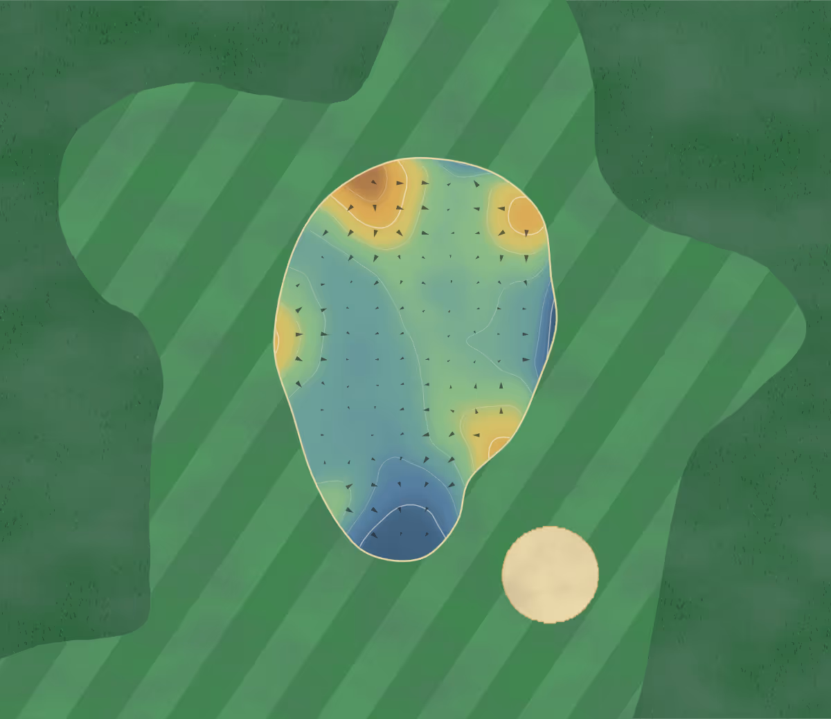 Green contour map of Kingsfield in Linlithgow, Scotland: 68 elevation contours at a 8-centimeter interval with fall-line arrows, traced from 1-meter lidar