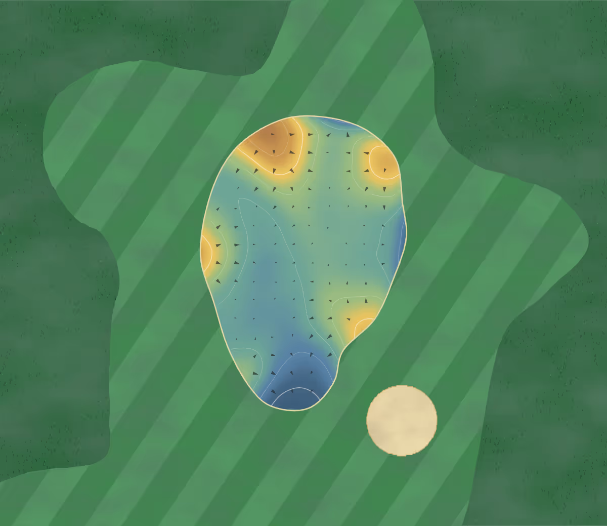 Green contour map of Kingsfield in Linlithgow, Scotland — 67 elevation contours at a 8-centimeter interval with fall-line arrows, traced from 1-meter lidar