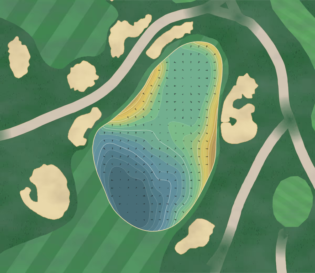 Green contour map of Kingsley Club in Kingsley, Michigan — 372 elevation contours at a 3-inch interval with fall-line arrows, traced from 1-meter lidar