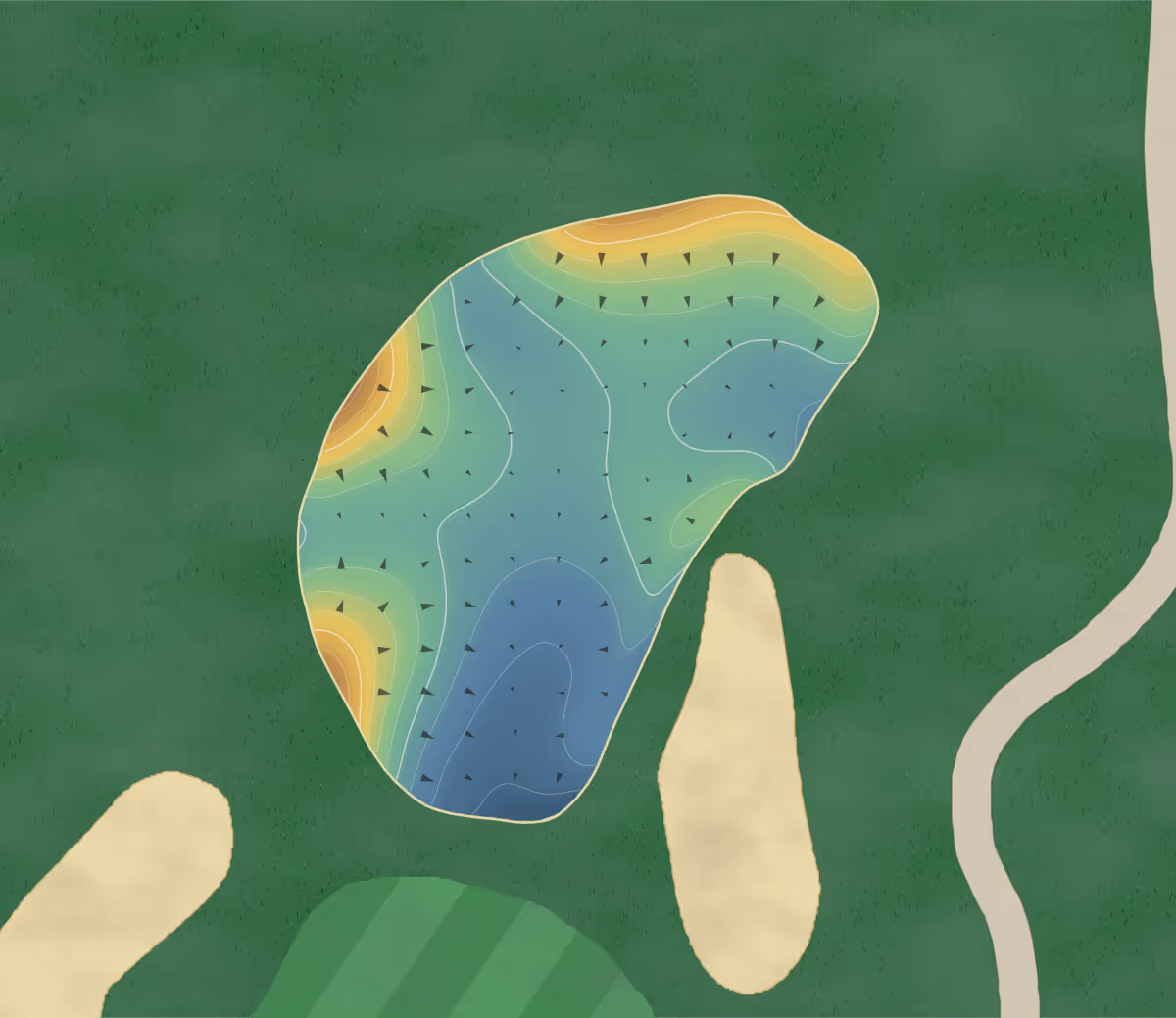 Green contour map of Kingsmill in Williamsburg, Virginia: 162 elevation contours at a 3-inch interval with fall-line arrows, traced from 1-meter lidar