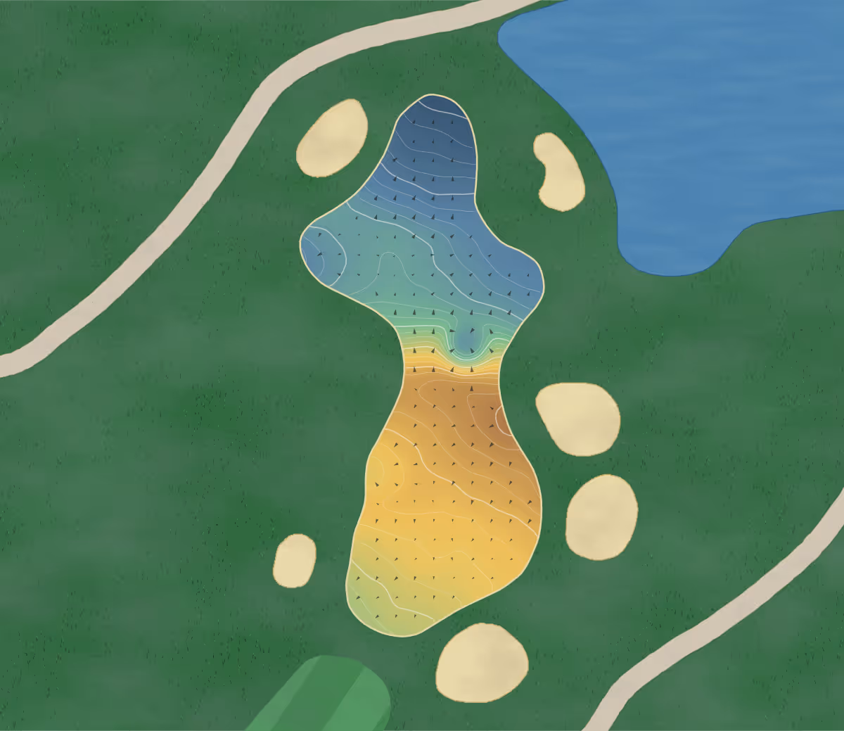 Green contour map of Kingsmill Resort: The Woods in Williamsburg, Virginia: 169 elevation contours at a 3-inch interval with fall-line arrows, traced from 1-meter lidar