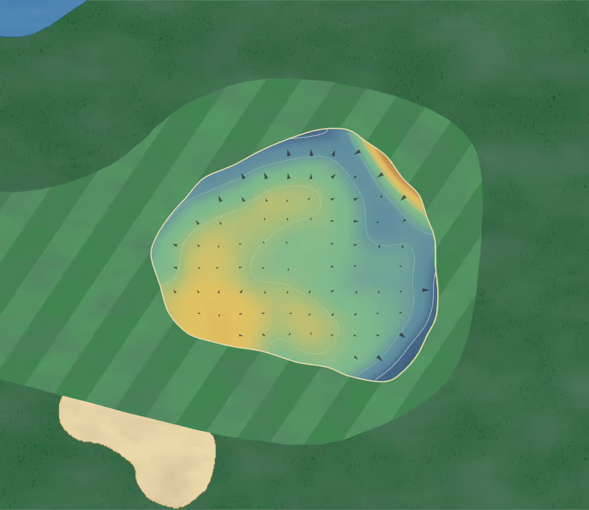Green contour map of Cambridge Lakes in Cambridge, United Kingdom — 36 elevation contours at a 8-centimeter interval with fall-line arrows, traced from 1-meter lidar