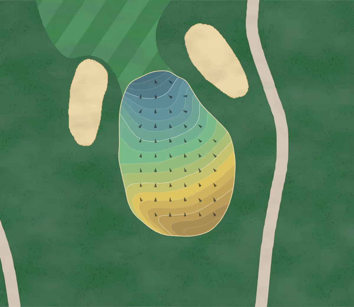 Green contour map of Kingswood GC in Wolfeboro, New Hampshire — 196 elevation contours at a 3-inch interval with fall-line arrows, traced from 1-meter lidar