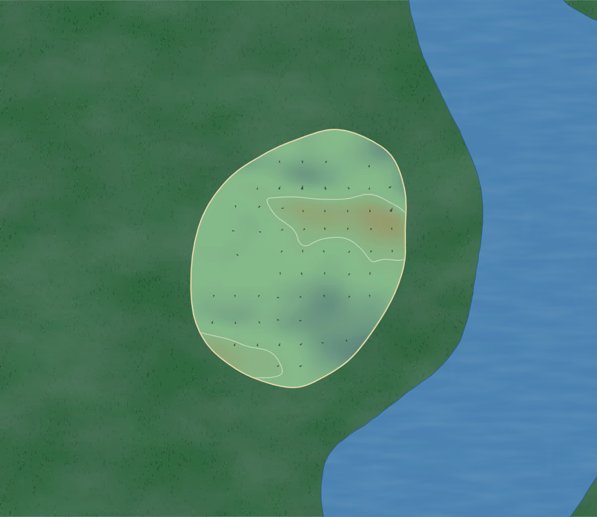 Green contour map of Kingswood in Doncaster, England: 1 elevation contours with fall-line arrows, traced from 1-meter lidar