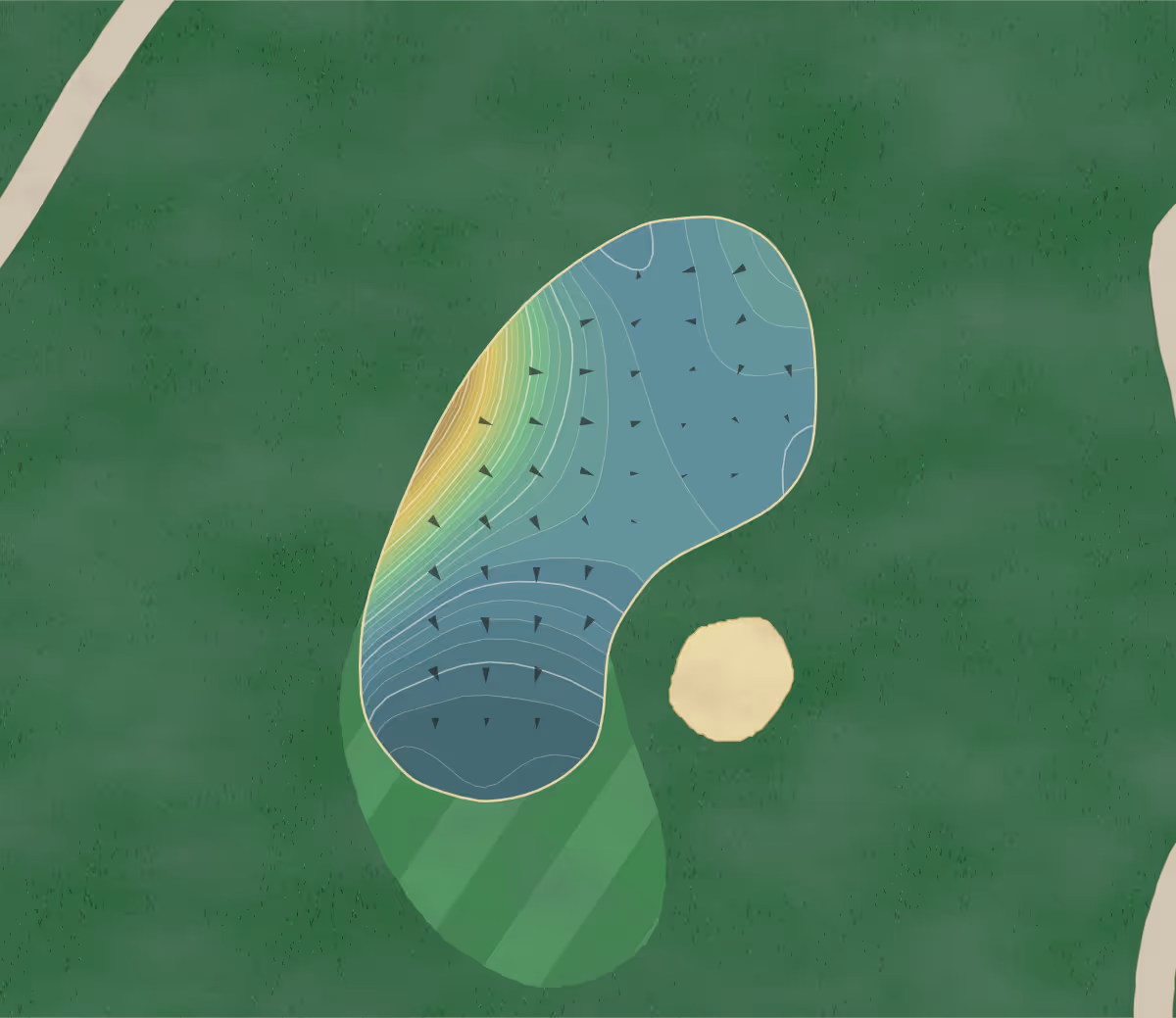 Green contour map of Kingwood GC in Clayton, Georgia — 253 elevation contours at a 3-inch interval with fall-line arrows, traced from 1-meter lidar