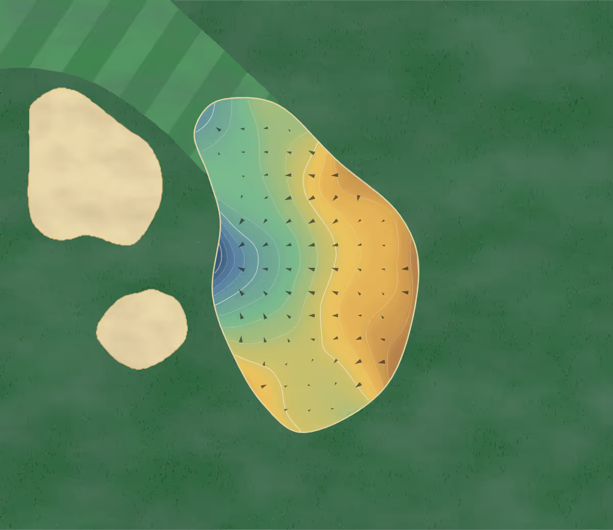 Green contour map of Kingwood Greens in Kingwood, Texas — 168 elevation contours at a 3-inch interval with fall-line arrows, traced from 1-meter lidar