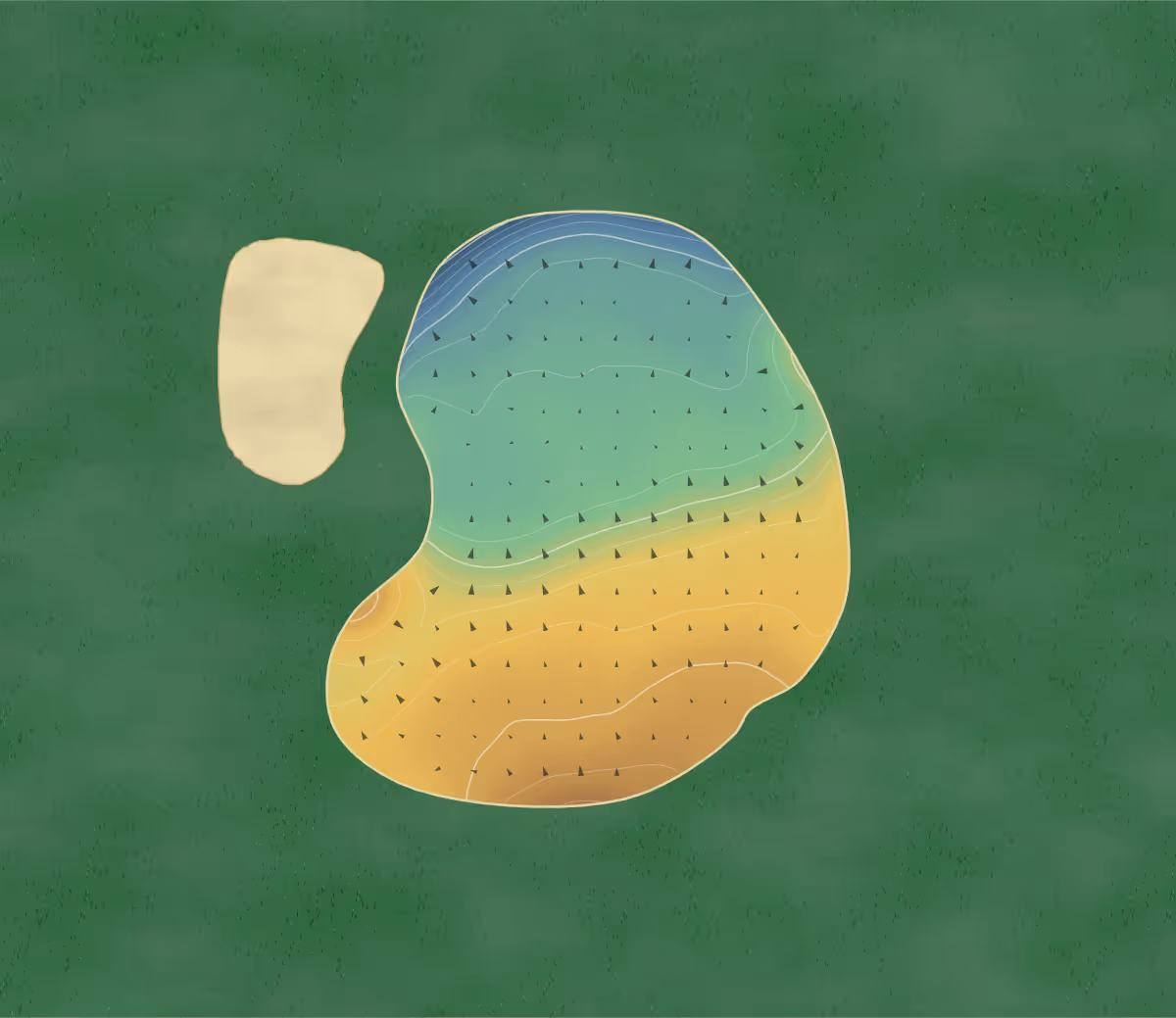 Green contour map of Kirby Muxloe in Leicester, England: 39 elevation contours at a 8-centimeter interval with fall-line arrows, traced from 1-meter lidar