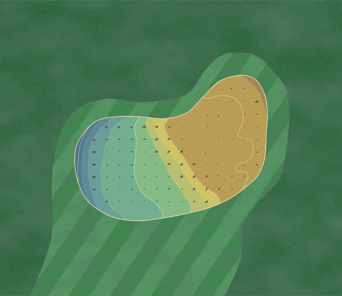 Green contour map of Kirkby Lonsdale in Kirkby Lonsdale, England — 140 elevation contours at a 8-centimeter interval with fall-line arrows, traced from 1-meter lidar