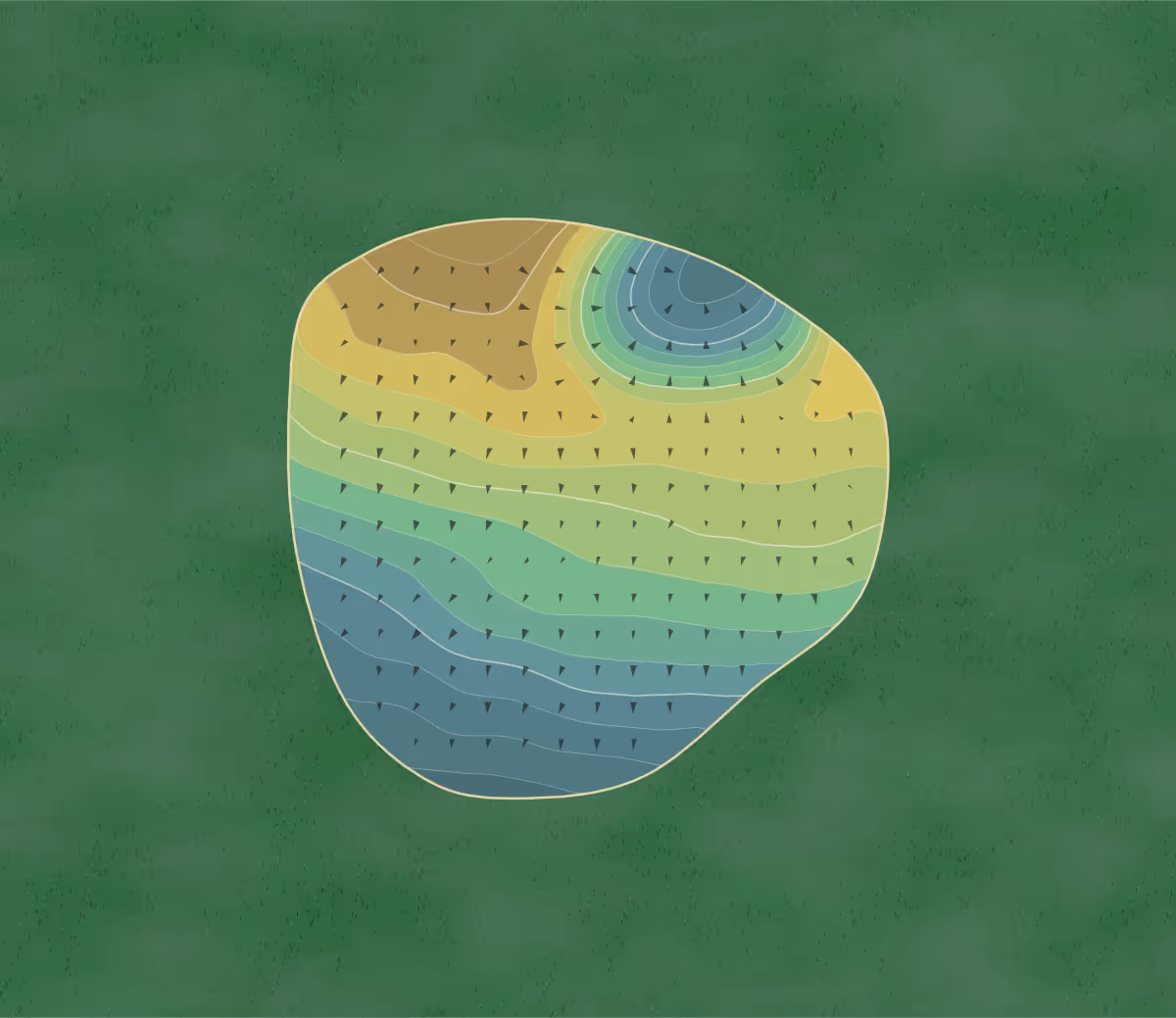 Green contour map of Kirkbymoorside GC in Kirkbymoorside, England — 215 elevation contours at a 8-centimeter interval with fall-line arrows, traced from 1-meter lidar