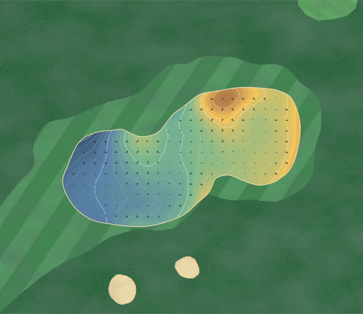 Green contour map of Kirtlington in Oxfordshire, England — 271 elevation contours at a 8-centimeter interval with fall-line arrows, traced from 1-meter lidar