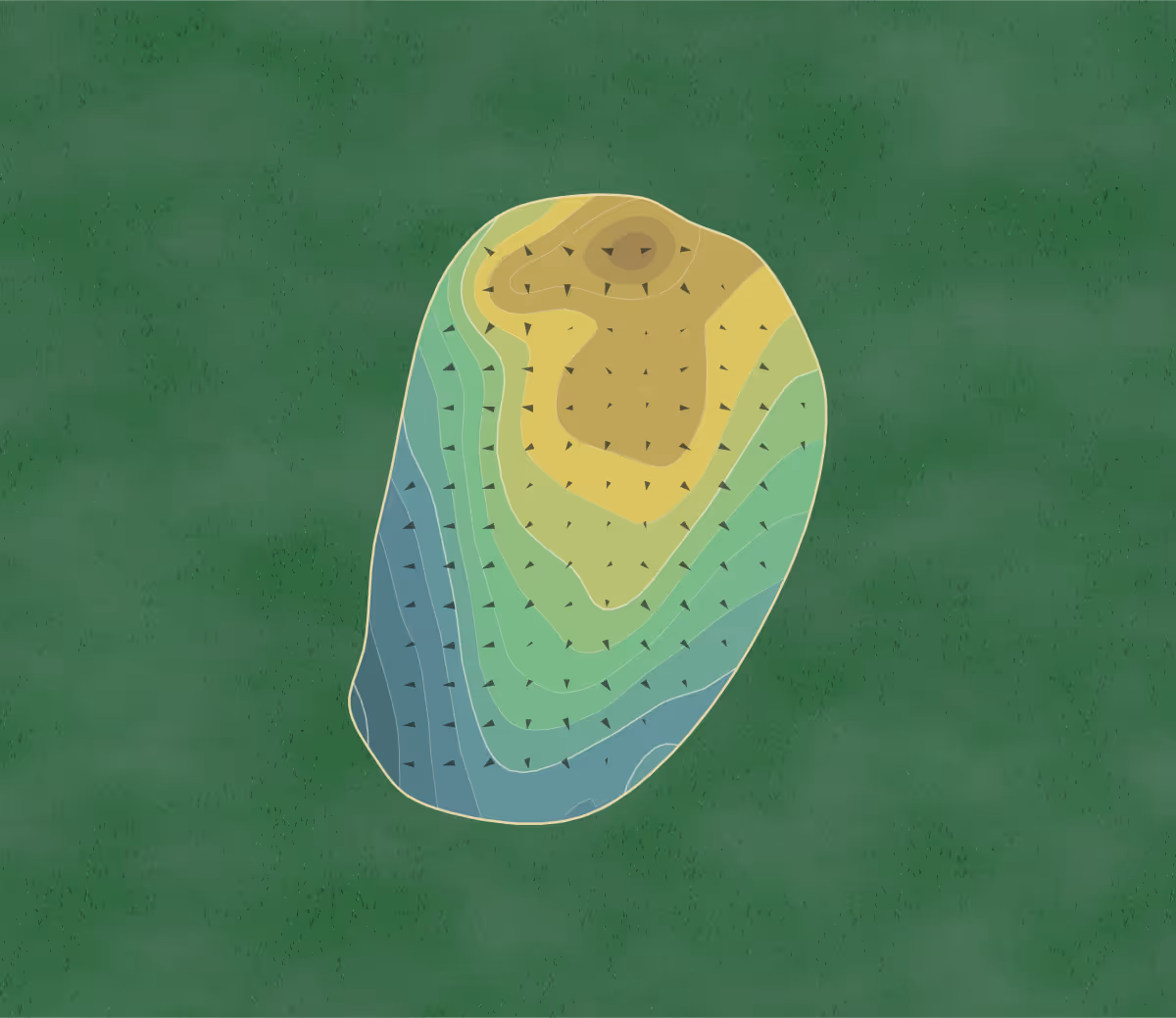 Green contour map of Kis 'n Greens in Alden, New York — 128 elevation contours at a 3-inch interval with fall-line arrows, traced from 1-meter lidar