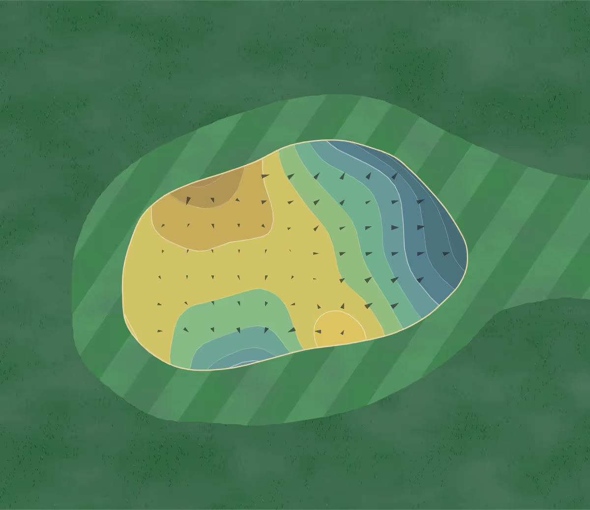 Green contour map of Kishwaukee in DeKalb, Illinois — 123 elevation contours at a 3-inch interval with fall-line arrows, traced from 1-meter lidar