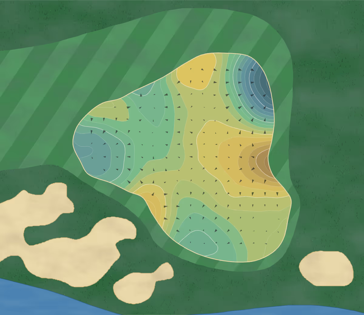 Green contour map of Kiva Dunes in Gulf Shores, Alabama — 216 elevation contours at a 3-inch interval with fall-line arrows, traced from 1-meter lidar