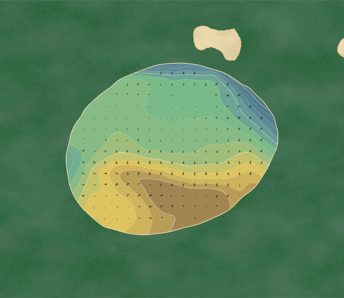 Green contour map of Knole Park in Sevenoaks, England — 218 elevation contours at a 8-centimeter interval with fall-line arrows, traced from 1-meter lidar