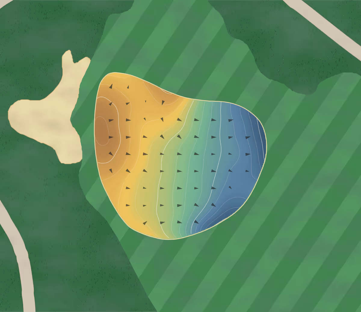 Green contour map of Knollwood Fairways in Southern Pines, North Carolina: 24 elevation contours at a 3-inch interval with fall-line arrows, traced from 1-meter lidar