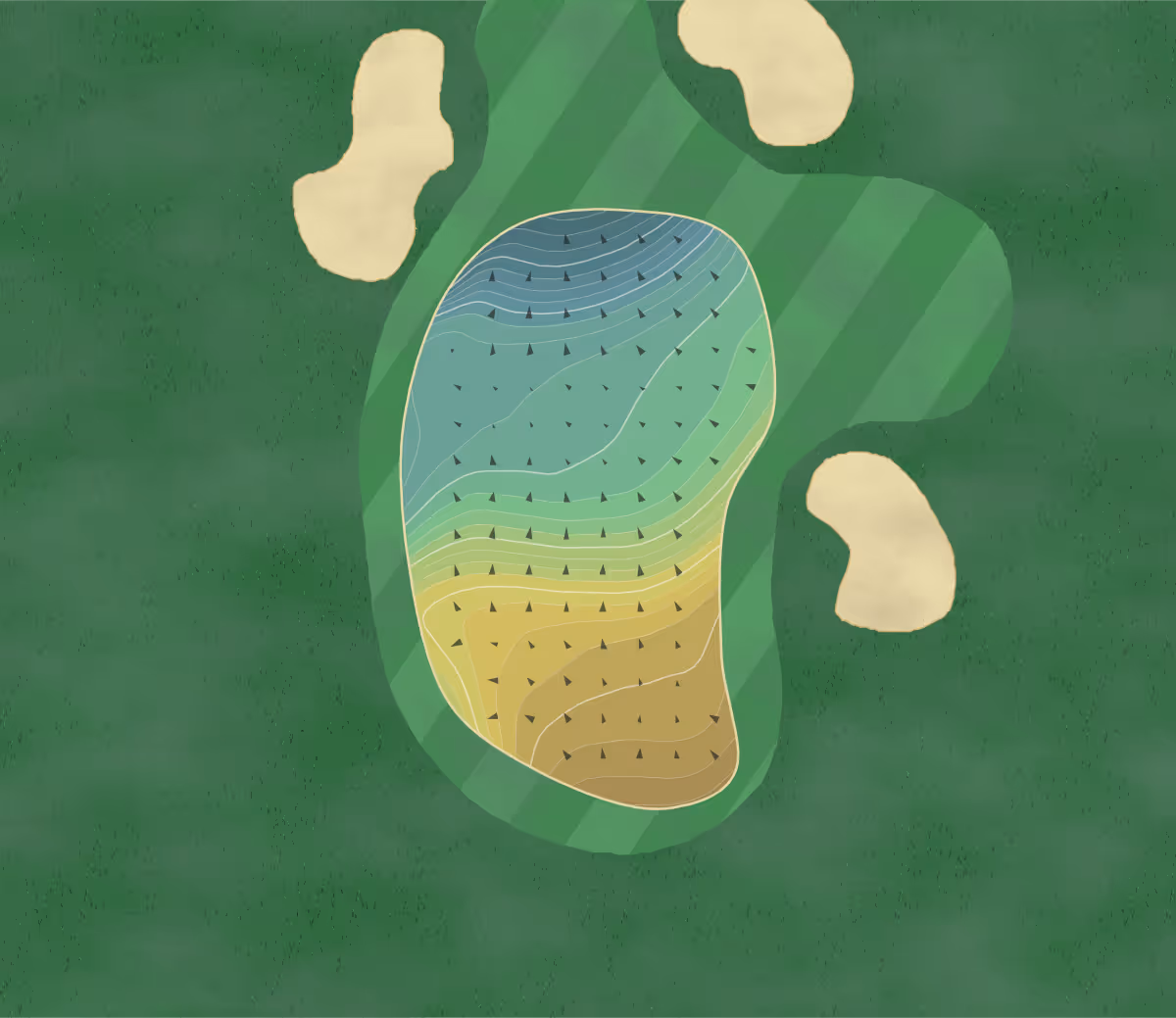 Green contour map of Knowle GC in Bristol, England — 219 elevation contours at a 8-centimeter interval with fall-line arrows, traced from 1-meter lidar
