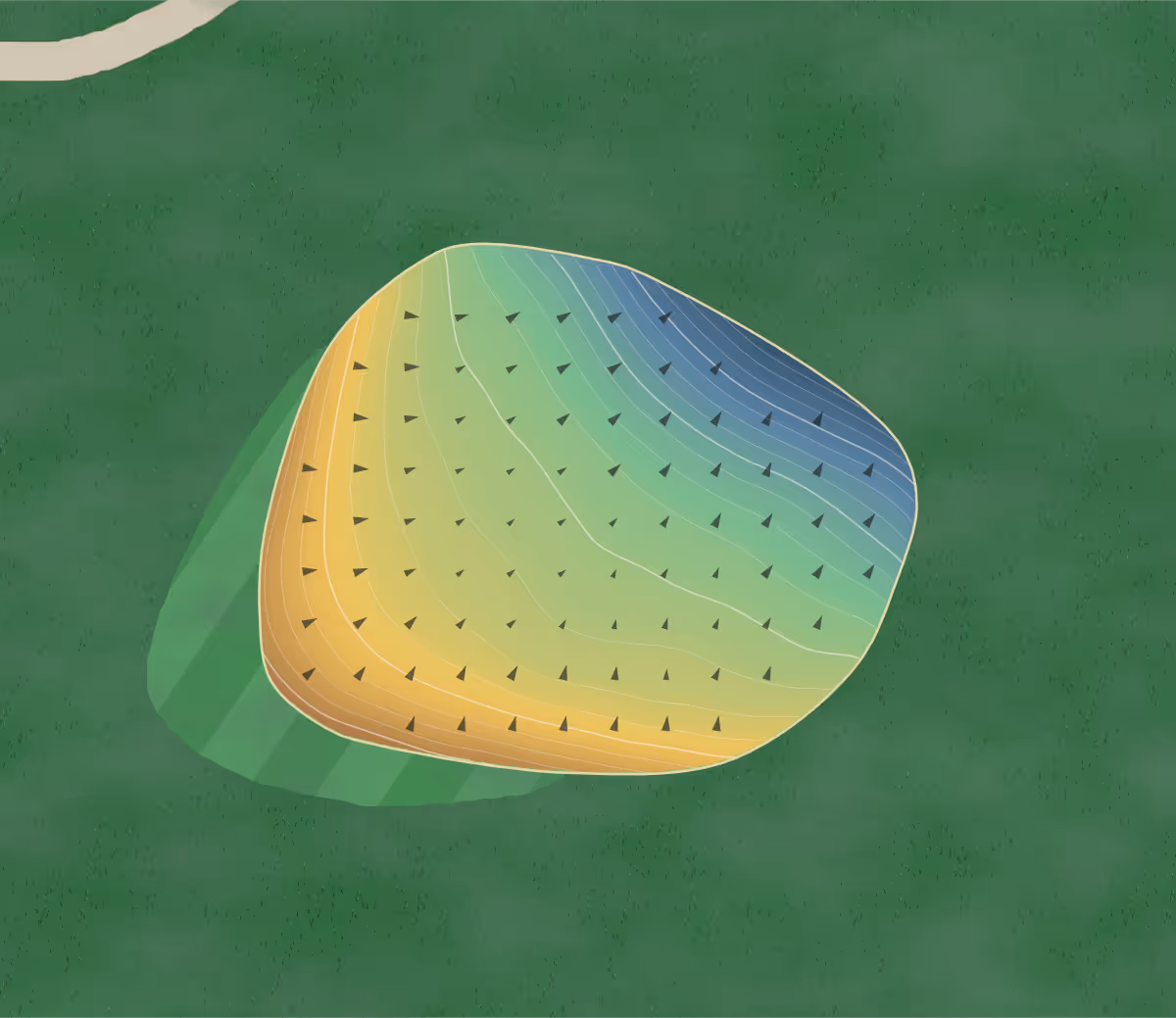 Green contour map of Knudson 9 in Caledon, Canada — 115 elevation contours at a 8-centimeter interval with fall-line arrows, traced from 1-meter lidar