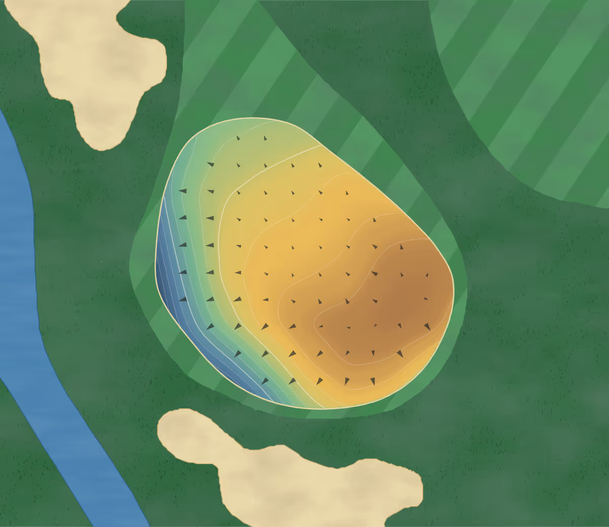 Green contour map of Konosu in Konosu, Japan — 264 elevation contours at a 8-centimeter interval with fall-line arrows, traced from 1-meter lidar