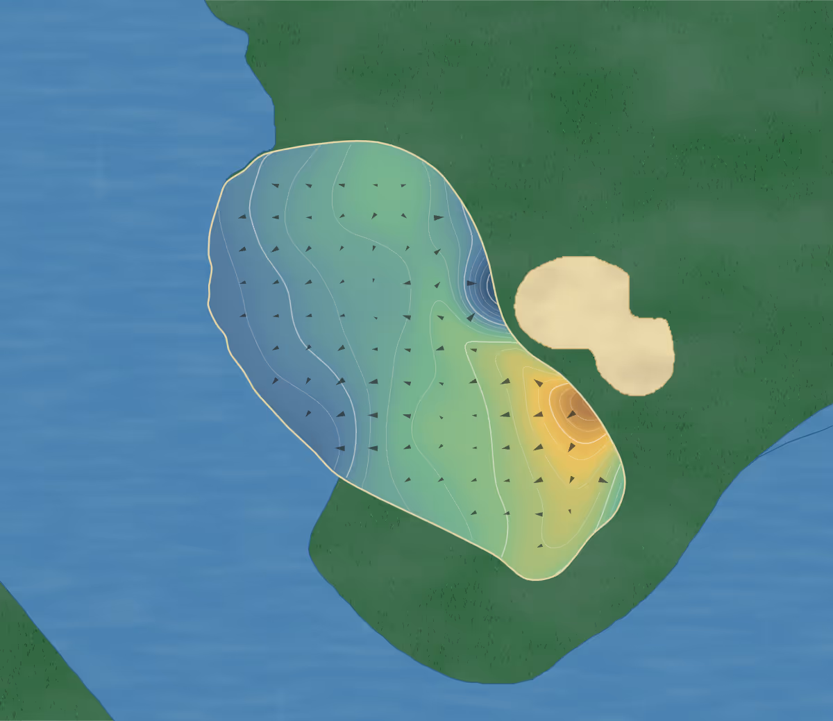 Green contour map of Kooindah Waters in Wyong, Australia — 161 elevation contours at a 8-centimeter interval with fall-line arrows, traced from 1-meter lidar