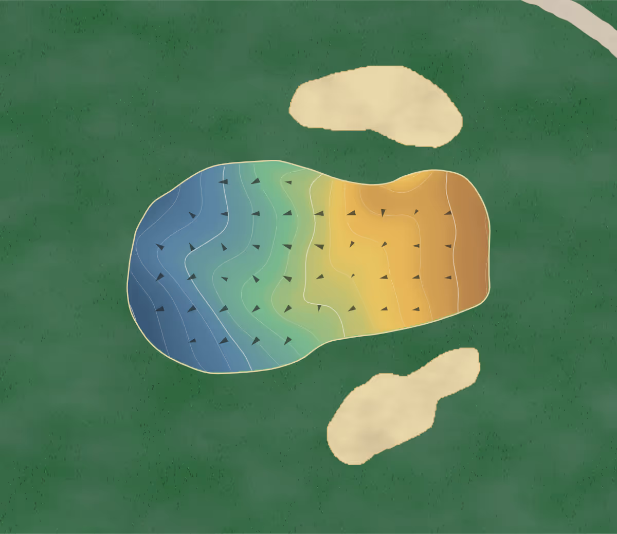 Green contour map of Kooralbyn Valley in Kooralbyn, Australia — 164 elevation contours at a 8-centimeter interval with fall-line arrows, traced from 1-meter lidar