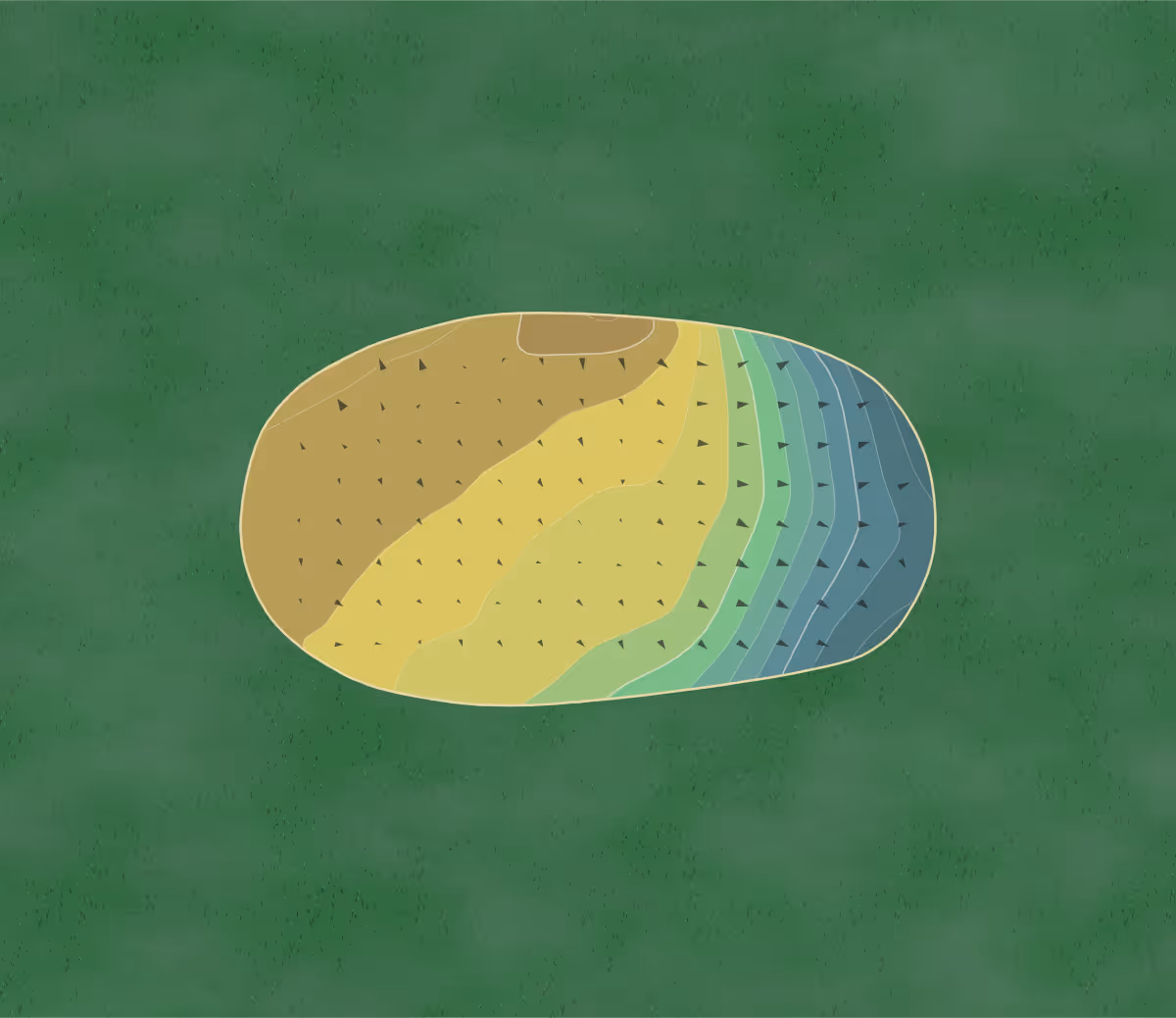 Green contour map of Kp Club in York, England — 153 elevation contours at a 8-centimeter interval with fall-line arrows, traced from 1-meter lidar