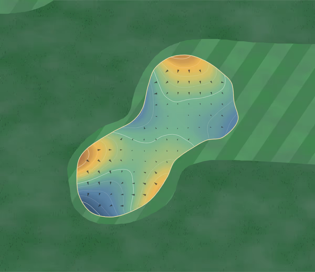 Green contour map of Kuehn Park in Sioux Falls, South Dakota — 99 elevation contours at a 3-inch interval with fall-line arrows, traced from 1-meter lidar