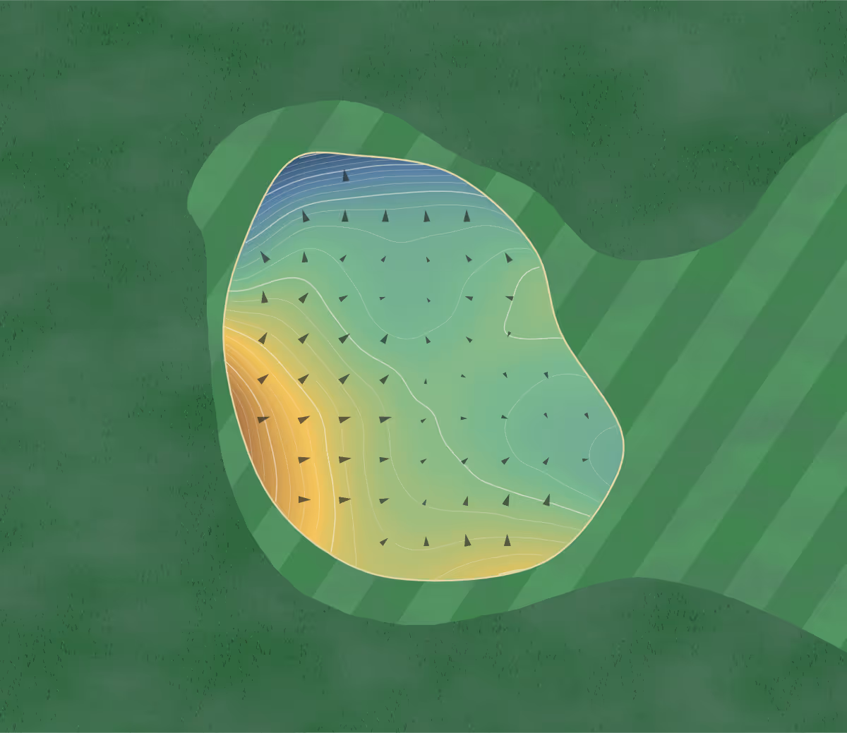 Green contour map of Kukio Golf and Beach Club Makai Course in Kailua-Kona, Hawaii — 24 elevation contours at a 3-inch interval with fall-line arrows, traced from 1-meter lidar