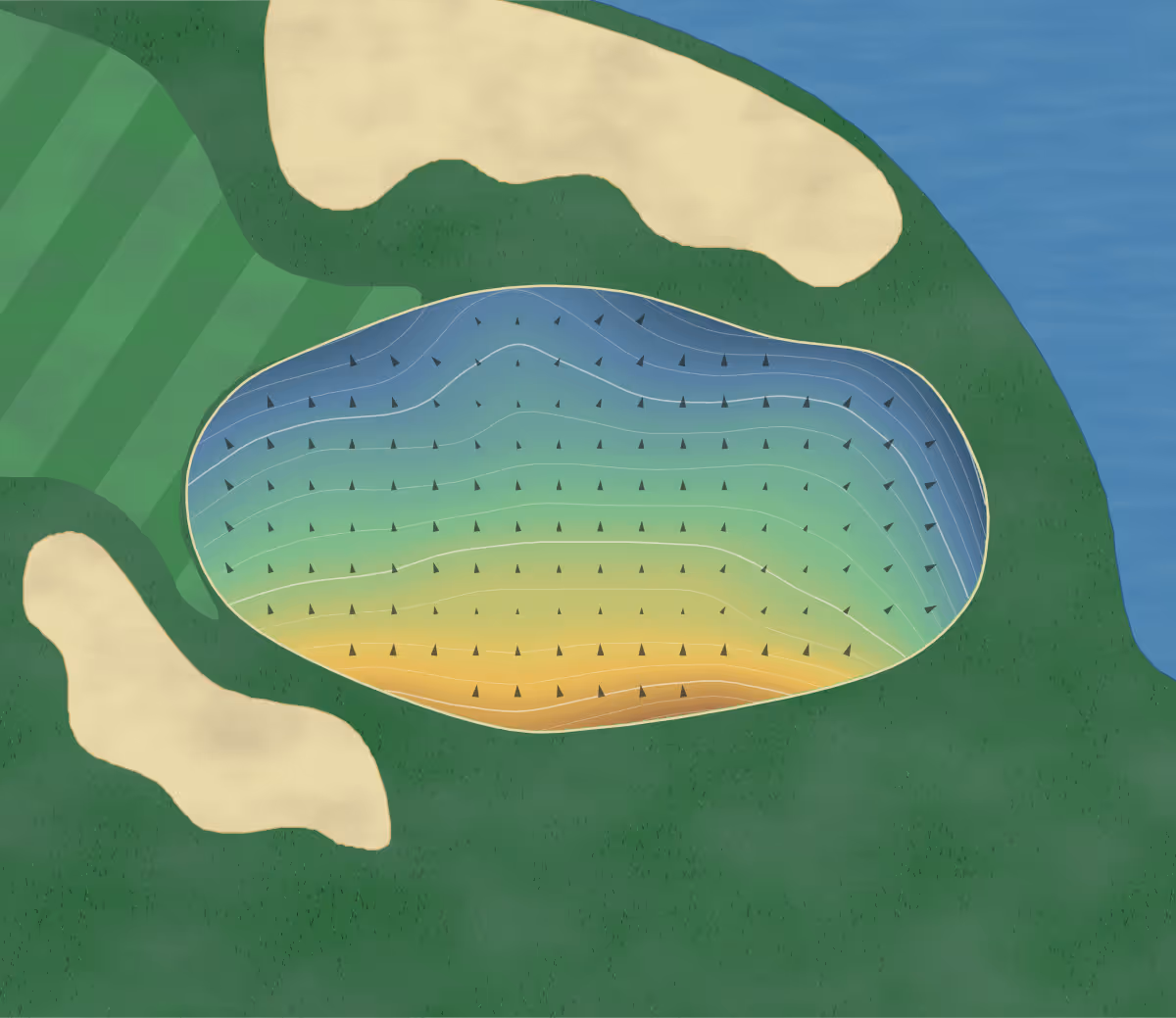 Green contour map of Castle Hill in Shizuoka, Japan: 258 elevation contours at a 8-centimeter interval with fall-line arrows, traced from 1-meter lidar