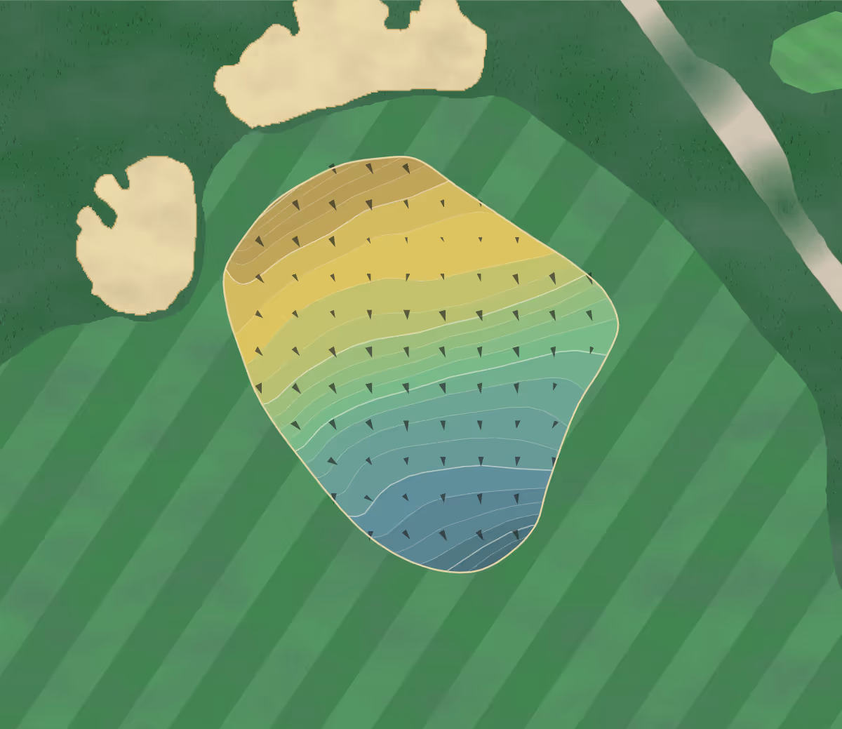 Green contour map of La Cumbre in Santa Barbara, California — 229 elevation contours at a 3-inch interval with fall-line arrows, traced from 1-meter lidar