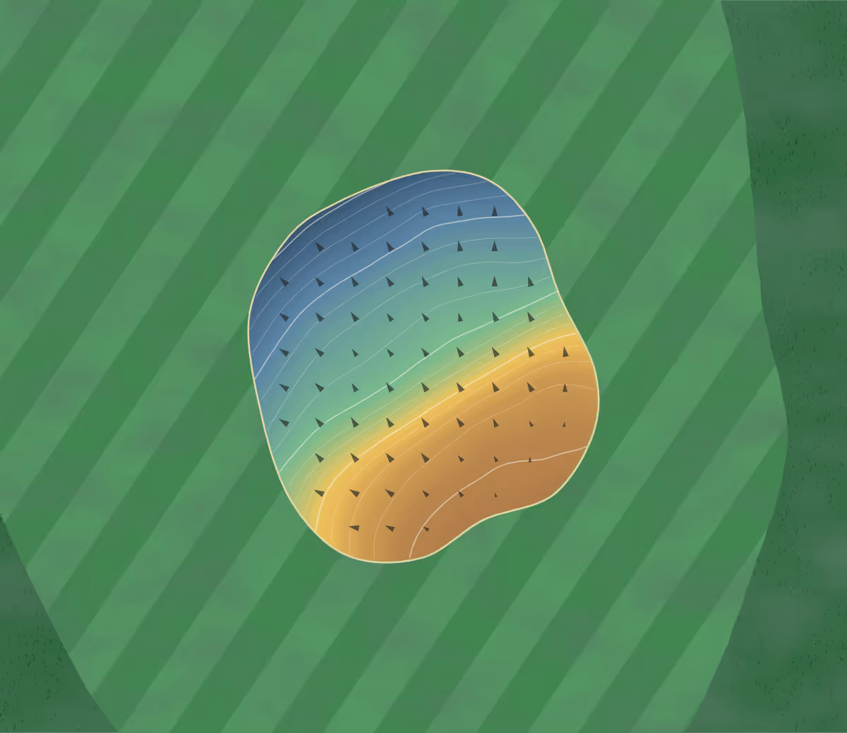 Green contour map of LA Golf & Country Club in Los Angeles, New York — 75 elevation contours at a 3-inch interval with fall-line arrows, traced from 1-meter lidar