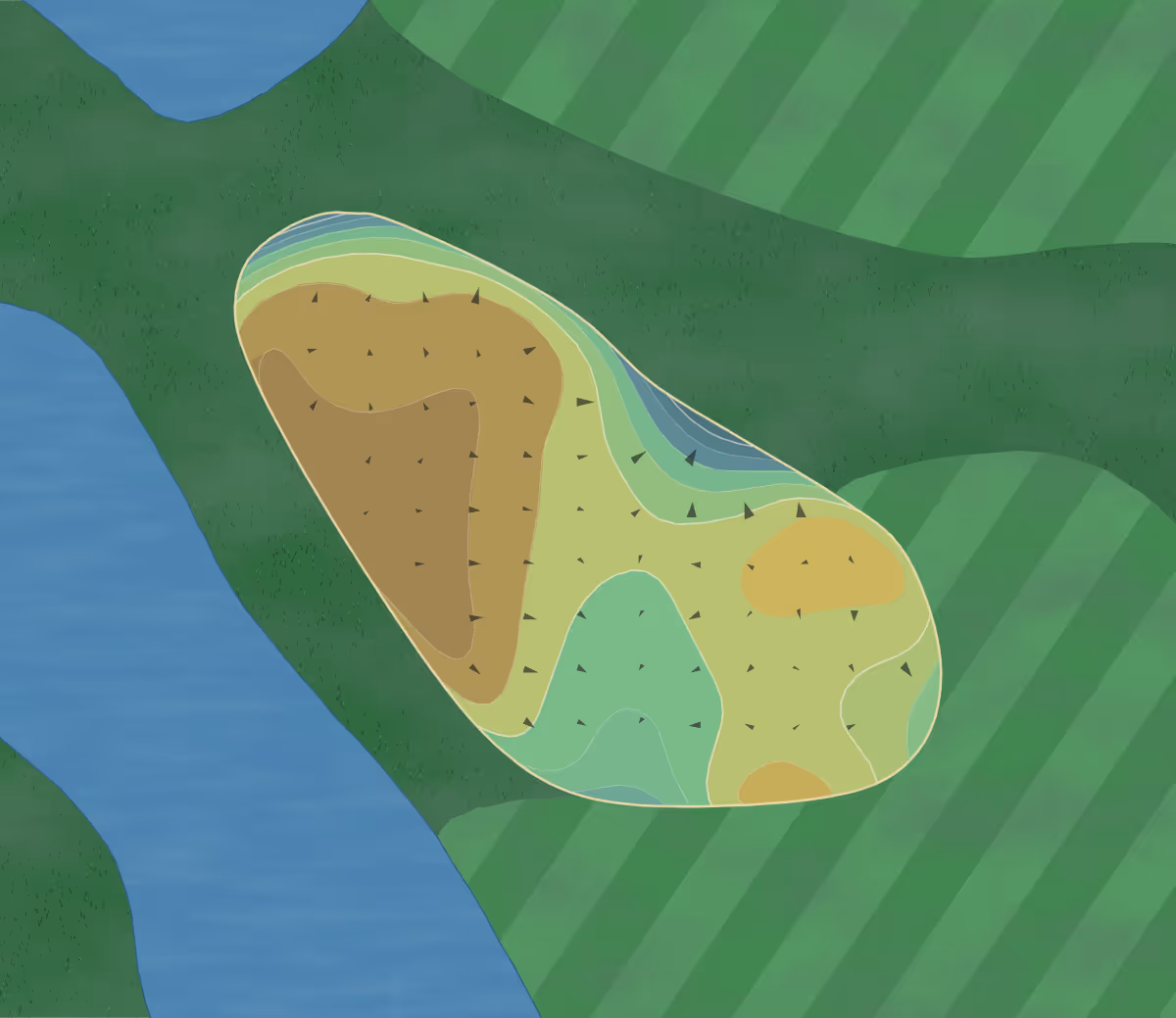 Green contour map of La Gorce in Miami Beach, Florida — 234 elevation contours at a 3-inch interval with fall-line arrows, traced from 1-meter lidar