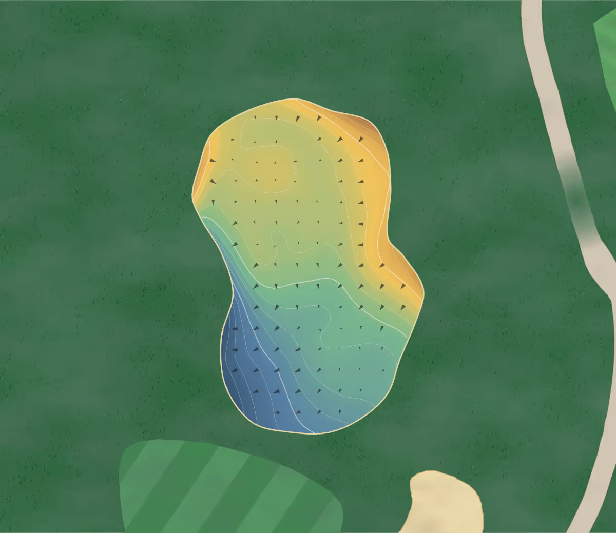 Green contour map of La Plata in La Plata, Missouri — 166 elevation contours at a 3-inch interval with fall-line arrows, traced from 1-meter lidar