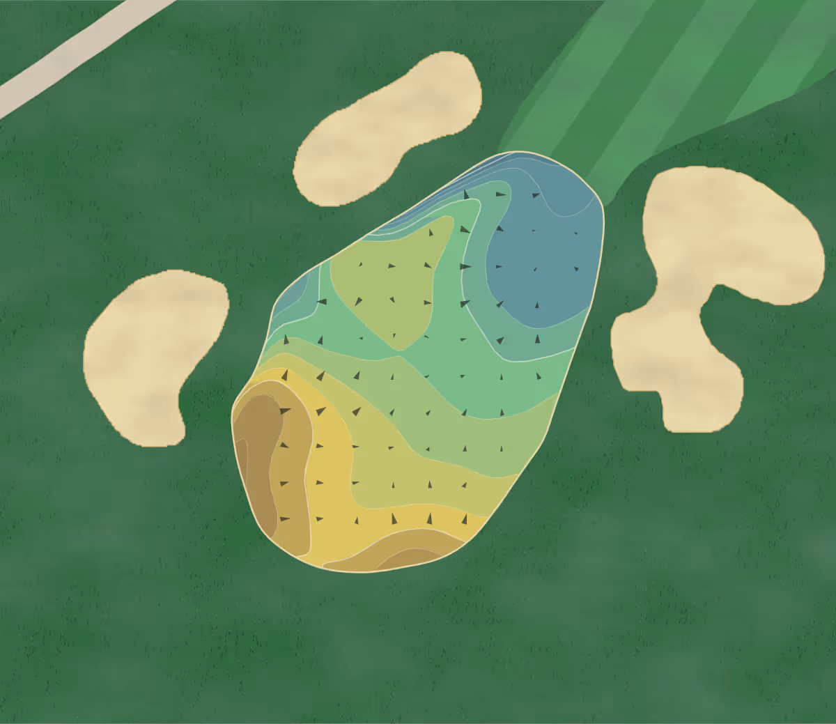 Green contour map of La Valle Coastal Club in Rancho Santa Fe, California — 108 elevation contours at a 3-inch interval with fall-line arrows, traced from 1-meter lidar