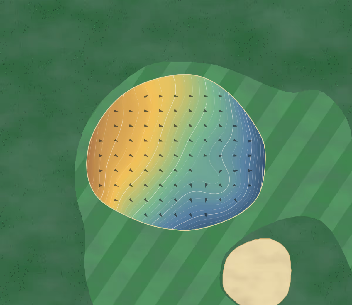 Green contour map of Lac à Busque in Saint-Benjamin, Canada: 198 elevation contours at a 8-centimeter interval with fall-line arrows, traced from 1-meter lidar