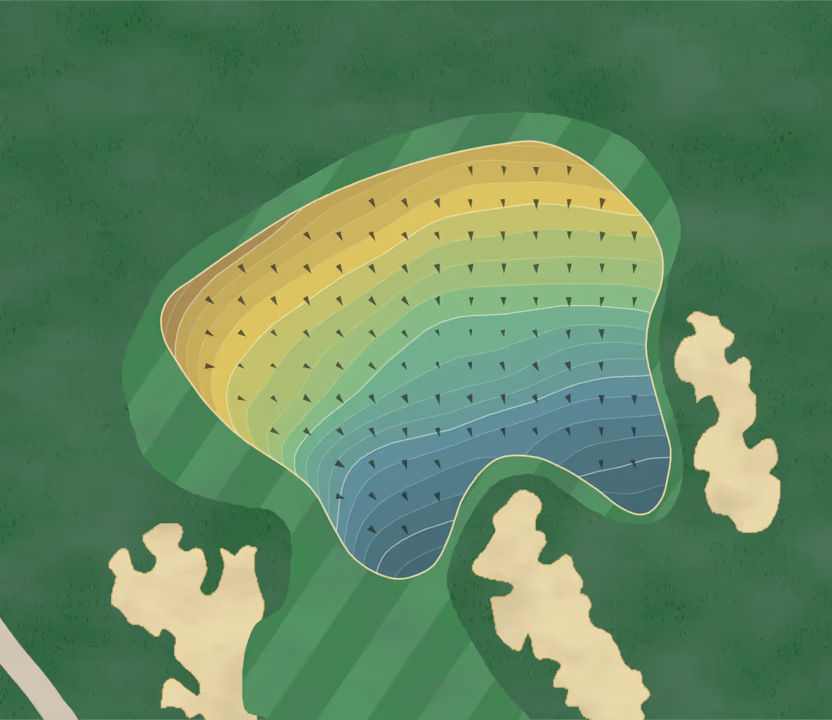 Green contour map of LACC in Los Angeles, California — 539 elevation contours at a 3-inch interval with fall-line arrows, traced from 1-meter lidar