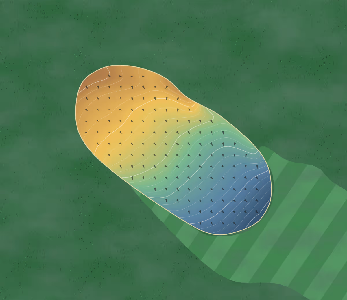 Green contour map of Ladbrook Park in Solihull, England — 182 elevation contours at a 8-centimeter interval with fall-line arrows, traced from 1-meter lidar